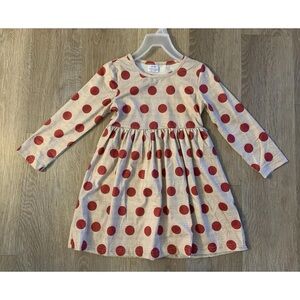 New Boutique Girl’s Size 4/5 Beige Ling Sleeve Dress With Red Polka Dot Pattern